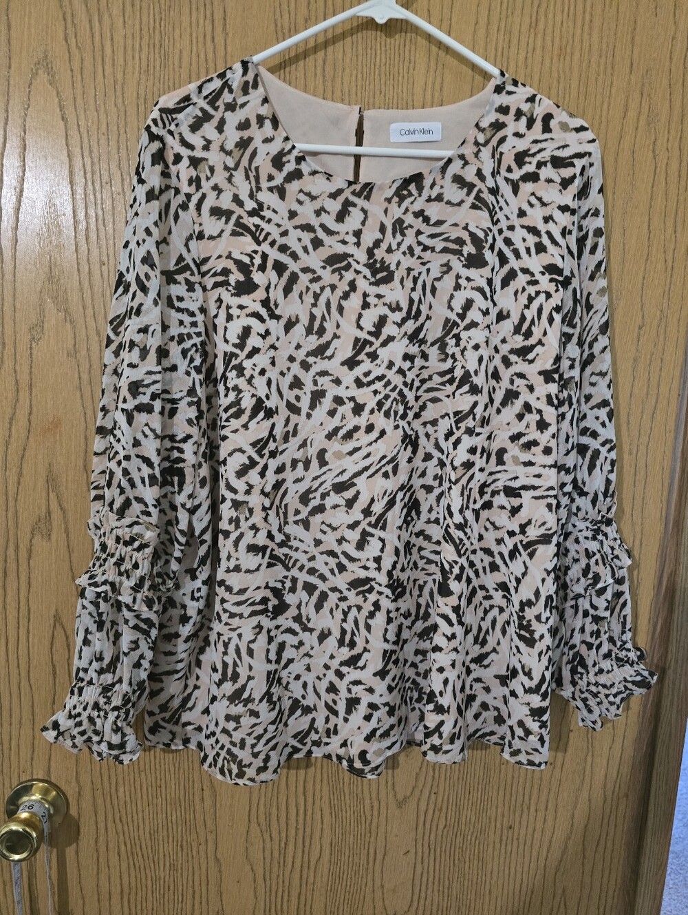 Calvin Klein Black and Beige Animal-Print Blouse with Ruffle Cuffs